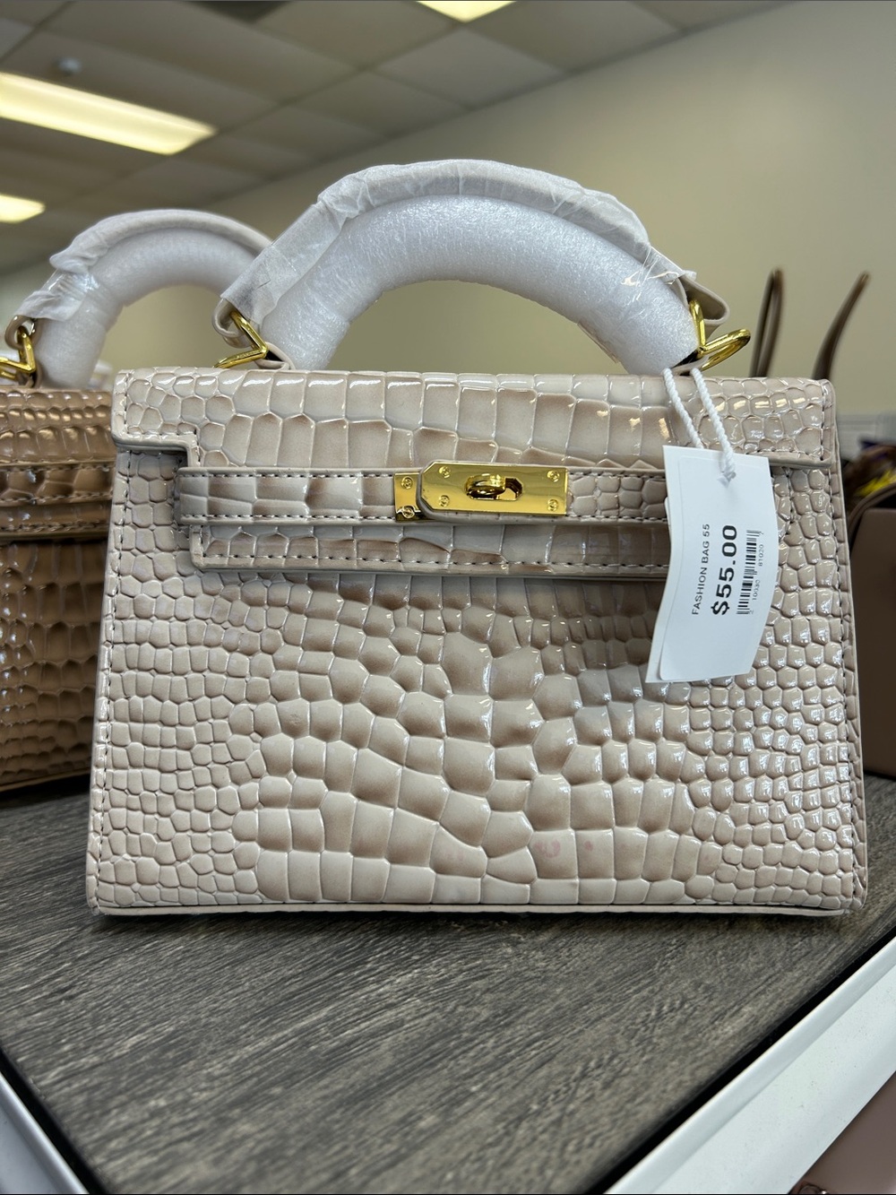 Elegant Croc-Embossed Top Handle Bag in Beige
